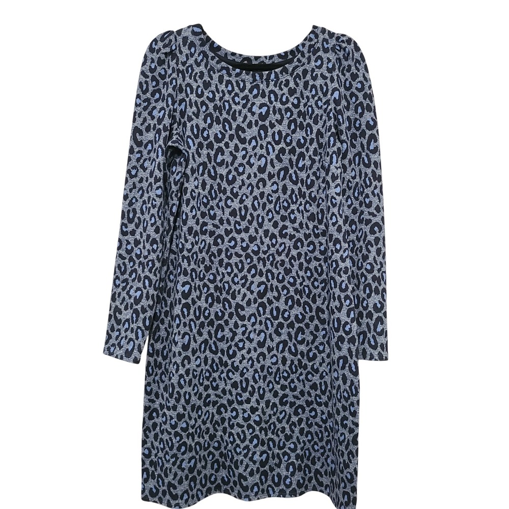 Talbots Womens Blue Black Leopard Print Long Sleeve Shift Dress Size M